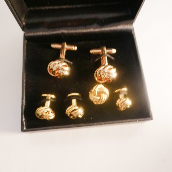 Gold Knotted Cufflinks Tuxedo Studs Formal Dress Set - Picture 1 of 1